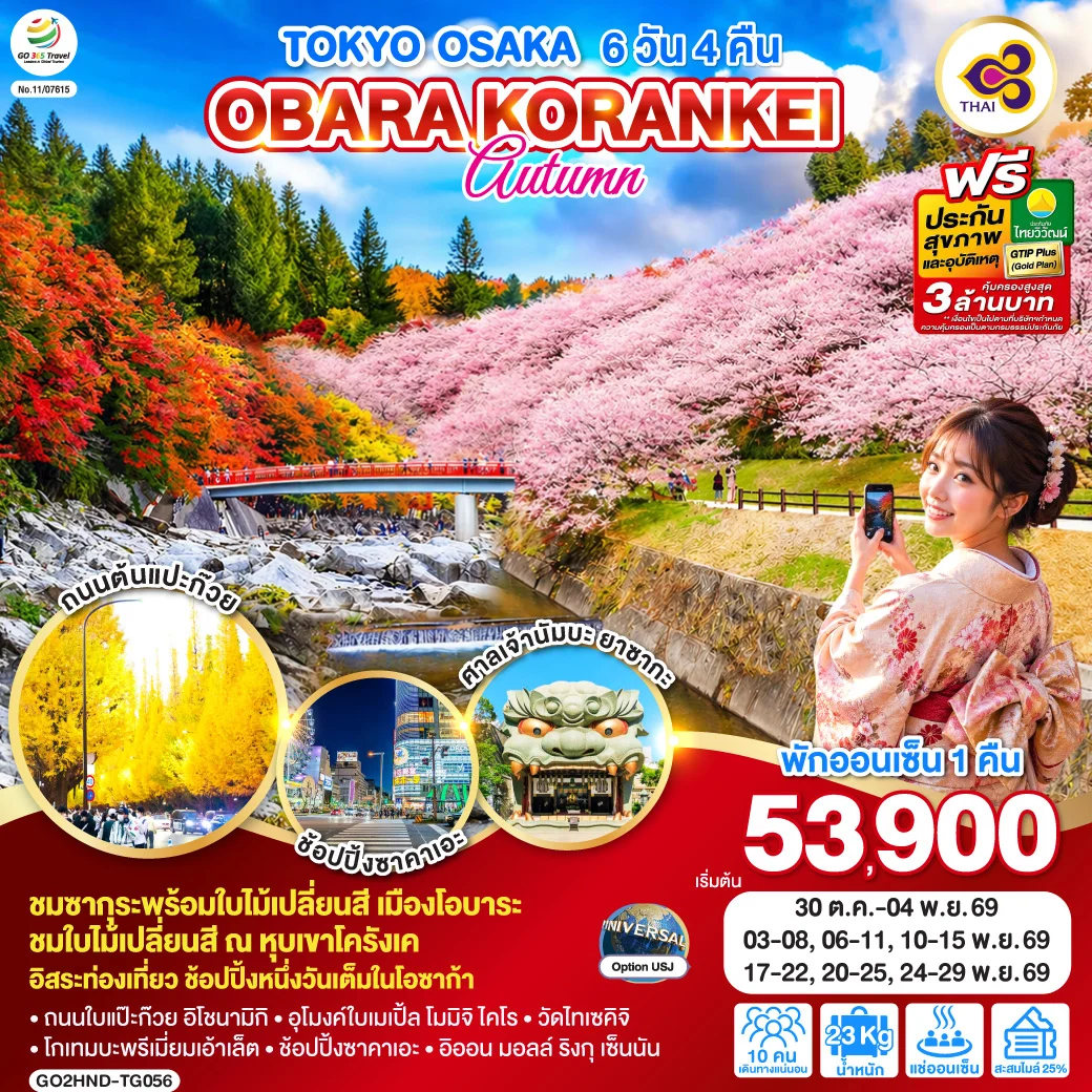 ทัวร์ญี่ปุ่น TOKYO OSAKA OBARA KORANKEI AUTUMN 6วัน 4คืน (TG)