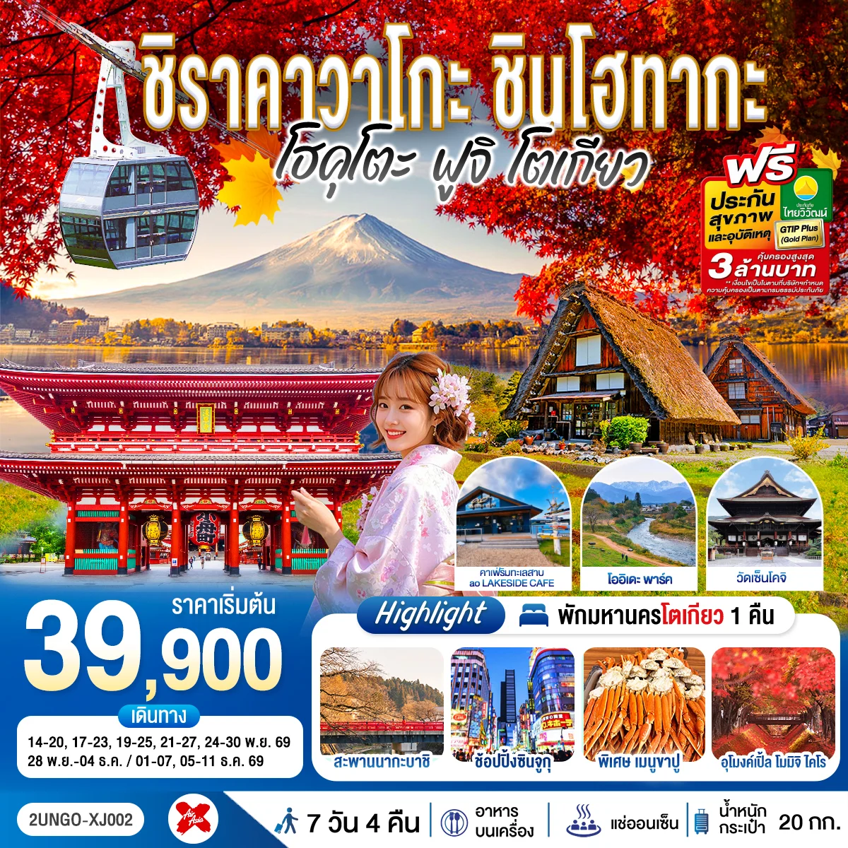 ทัวร์ญี่ปุ่น ชิราคาวาโกะ ชินโฮทากะ โฮคุโตะ  ฟูจิ โตเกียว  7วัน 4คืน (XJ)